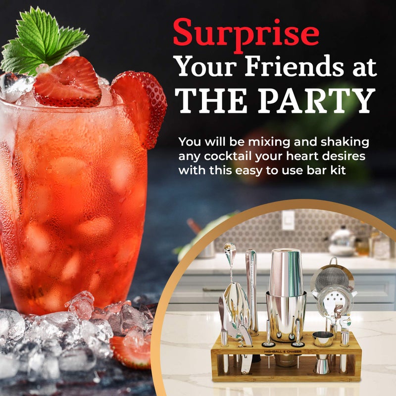 Highball  Chaser Highball & Chaser 13-Piece Boston Cocktail Shaker Set Stainless Steel Mixology Bartender Kit With Stand For Home Bar Cocktail Set | Laser Engraved Cocktail Tools | Plus E-Book with 30 Cocktail Recipes - Image 5